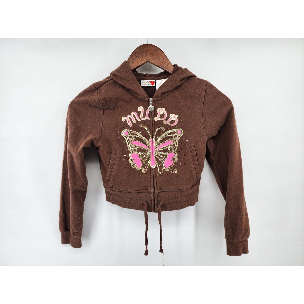 Mudd Brown Butterfly Graphic Zip Up Hoodie Size 10/12 Y2K Fairycore